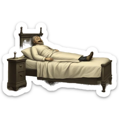 A sick man on a bed in 1870 sticker