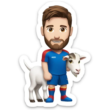 Messi holding a goat, redish brown hair redish beard, blue eyes, wearing a superman outfit sticker