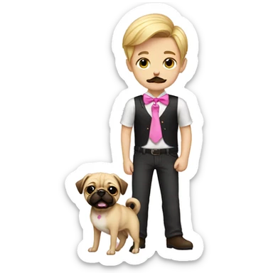 A blonde boy with mustache and beard holding a pug with a pink bow sticker