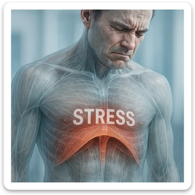 hyper realistic image showing male diaphragm blocked by stress, anatomical details, stiff muscles, transparency effect to see fibers, clinical atmosphere, cool tones sticker