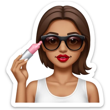 White woman with brown hair posing as salt bae with sunglasses. She is sprinkling salt on top of lipsticks, eyeshadows, and blushes sticker