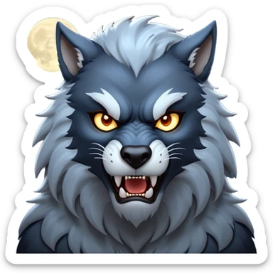 cinematic-noble-fierce-werewolf-portrait-emoji, poised-and-imposing, with a tall, slender, muscular frame, fur rippling in shades of midnight black and silver, eyes glowing with an intense, primal ferocity, reflecting the untamed power of the wild moonlit night; rendered with realism sticker