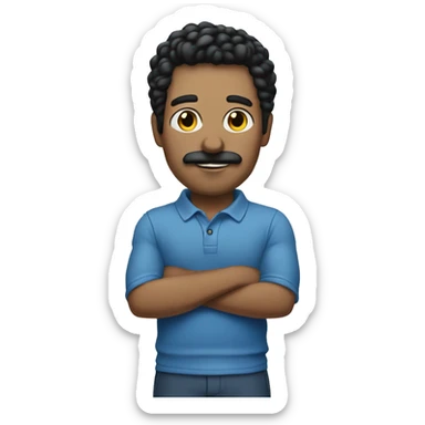 Man with black hair, black mustache, blue polo, standing next to a silver SUV sticker