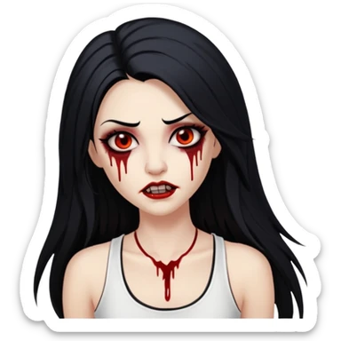 White woman with a white tank top long black hair glossy middle part long hair vamp look with fangs or blood dripping brown eyes eyeliner winged with lashes top and bottom sticker