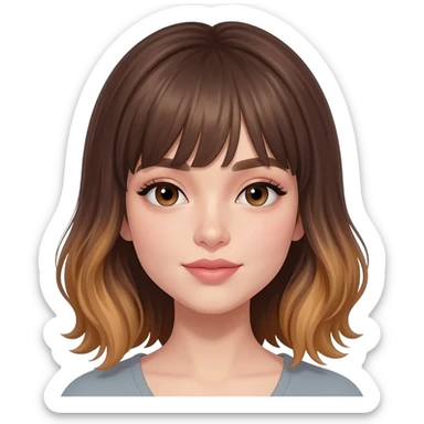 Young woman with soft feminine features and an oval face. Light-brown eyes with subtle eyeliner and lashes, and medium-thick eyebrows. Medium-length layered hair with soft waves and curtain bangs, medium brown with caramel highlights at the ends. sticker