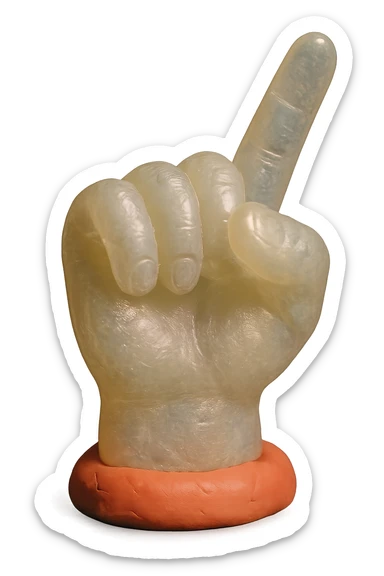hyper-realistic, highly detailed hand with pointer finger extended, made of clear, transparent, slightly cloudy skin resembling a soft, squishy 90's plastic toy or gummy, soft reflections, retro vibe, plastic texture soft and appealing, almost edible look, intricate details, high-quality, awesome appearance, no background transparent sticker