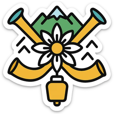 two crossed alpine horns behind an edelweiss, surrounded by mountain motifs, hanging cowbell, colorful icon style, alpine kitsch inspiration sticker