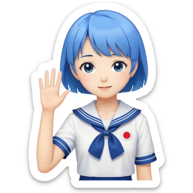 Anime girl with short bright blue hair wearing Japanese sailor style school uniform, composed posture with hand on hip but shyly waving with other hand, blushing face and timid smile sticker