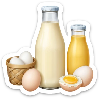 A cluster of dairy items: a milk bottle with an eggs and butter sticker