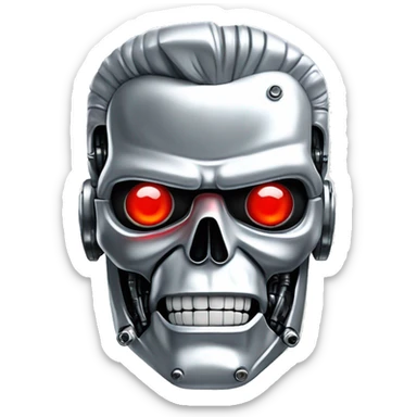 Emoji of a Terminator T-800, looking straight, 2d animation, red eyes, made of metal, white background,  sticker