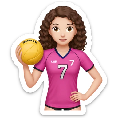 une joueuse de volley de debout qui joue c’est une blanche brune avec des cheveux longs boucles elle a une tenue rose avec le numéro 7 et une balle rose sticker