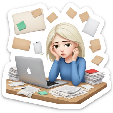 tired woman at a desk with a MacBook, surrounded by messy papers, emphasizing disorganization sticker