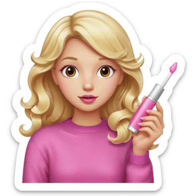 A long curled blonde haired girl with a pink sweater and holding a lip gloss sticker