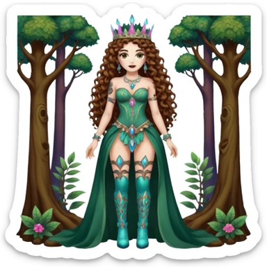 full body view of a woman with long curly brown hair, brown eyes, white skin, tattoos, wearing a crystal crown and thigh-high boots, psychedelic forest empress pose sticker