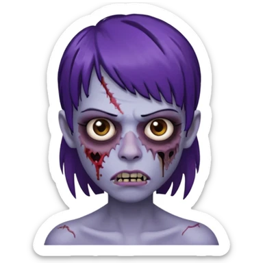 Quero uma zumbi com franja vegana piercing na sombrancelha no lado esquerdo e na boca e no nariz no lado direito cabelo castanho/preto com mechas roxas sticker