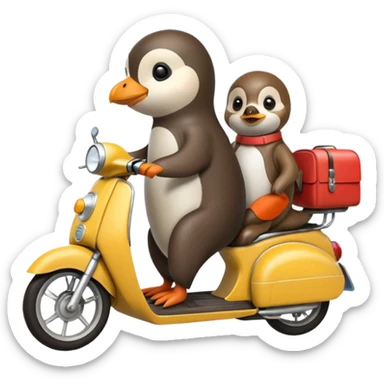 Penguin driving moped with an otter sticker