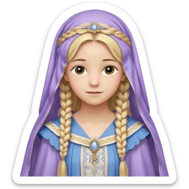 Joven de unos 20 años, de aspecto dulce y elegante.
Piel clara, ojosy expresivos, sonrisa triste.
Rubio o castaño claro, largo, con trenzas o velo.
-Vestido largo de tonos suaves (blanco, azul o lavanda), con bordados dorados; un manto o toca fina cubriendo la cabeza. de cuerpo entero  sticker