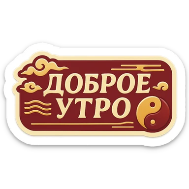 elongated horizontal banner with text 'Доброе утро', retro sticker style, burgundy background, beige letters, minimalist feng shui ornament with waves, clouds, yin-yang circles, harmonious lines, soft shadows, transparent background sticker