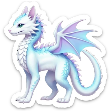 Kawaii white pastel iridescent beautiful pretty elegant divine edgy fantasy feline-vernid-sergal-Haku-dragon-fursona animal creature with a tufted tail full body with intricate markings  sticker