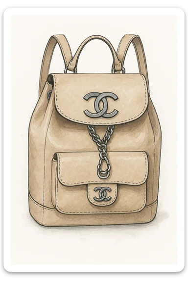 Chanel Urban Backpack, beige leather, silver accents, CC logo, stylish and contemporary, fashion illustration, white background sticker