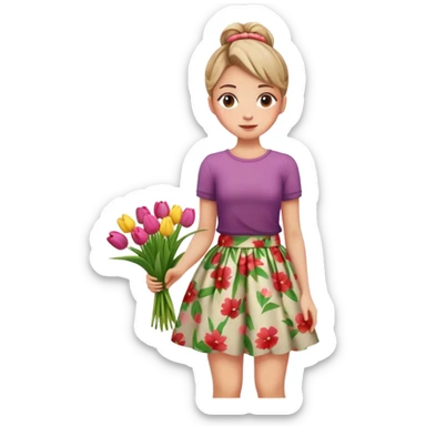 A girl with a messy bun, and a floral print skirt, holding a bunch of tulips. sticker