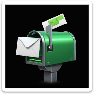 green mailbox robot, slightly smaller object in the center, black background, glowing green details, white envelope with code inside, modern tech aesthetic

 sticker