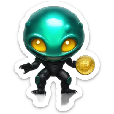 Aquamarine reptiloid in black suite with laser eyes on the golden coin in background sticker