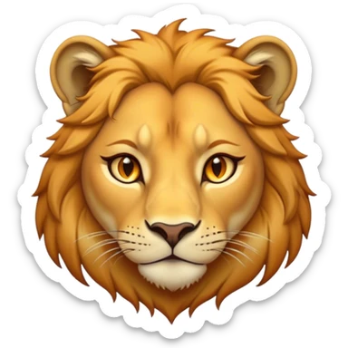 Cinematic Noble Lioness Portrait Emoji, Poised and regal, with a graceful, athletic build and a sleek, tawny Fur, piercing soulful amber eyes, Simplified yet sharp and sophisticated features, highly detailed, glowing with a warm, dignified glow, high shine, intelligent and fierce, stylized with an air of wild elegance, focused and attentive, soft glowing outline, capturing the essence of a watchful and confident lioness, so majestic it feels as though it could silently prowl out of the screen with effortless authority! sticker