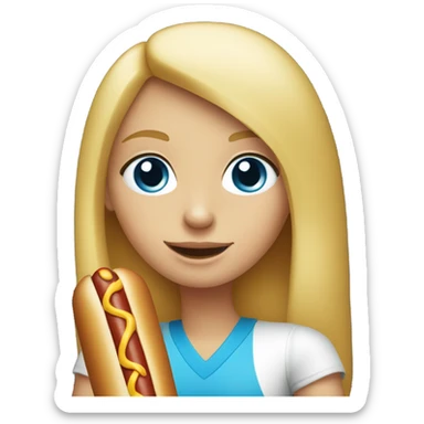 Blonde girl with blue eyes with a hot dog sticker