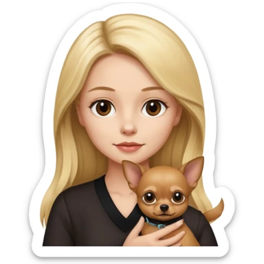 Long Blonde hair woman holding brown and black Chihuahua sticker