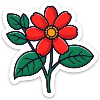 Realistic red color flower with dark green leaves sticker