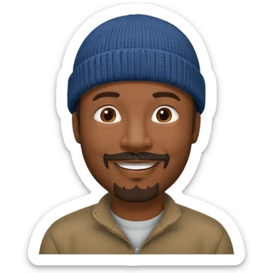 Middle-aged black man, goatee, wearing beanie sticker
