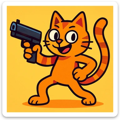 a cat holding a gun, fun and playful style, vibrant toon cartoon sticker