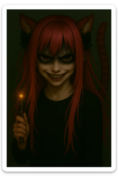Change the facial expression to scary with intense eyes, a sinister smile, and a slightly menacing vibe, while keeping the emo style, pink hair, magical accessory, and sparkles in a realistic anime style. sticker