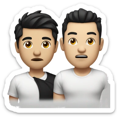 A man black hair with big lips and a dissatisfied face in black pants and Asian looking guy in a white T-shirt and a dissatisfied face sticker