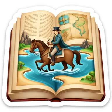Icon for Reading Fiction: a large open book with pages turning into musketeers on horseback, Sherlock Holmes and Island of treasure map. The icon should evoke the adventure and romance of exploring fictional worlds. Transparent background. sticker