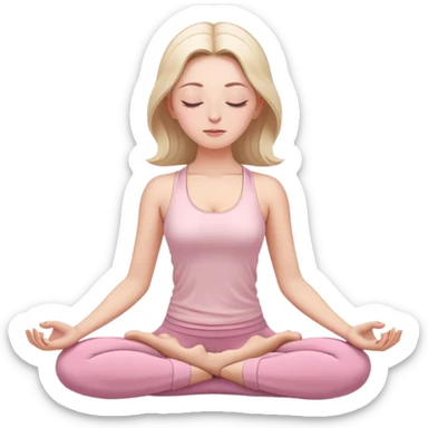 white woman with serene face meditating in lotus position, eyes closed, wearing light pink yoga clothing sticker