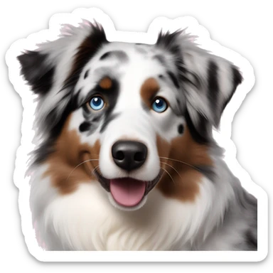 Brindle Australian Shepherd with black white and gray color pattern face is all white with blue eyes spots around eyes and spots on pink nose sticker