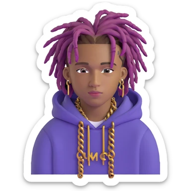 Juice WRLD with purple dreadlocks, designer hoodie, gold chains, and signature style sticker
