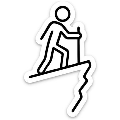 Replace the outlined person with a true stick figure composed of simple lines for body, arms, and legs, and a circle for the head. The stick figure is on a jagged cliff, holding a hiking stick. Keep the icon style with clear and minimal lines. sticker