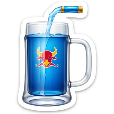 Large clear glass mug similar to beer stein with bright blue liquid inside. Put an upside down redbull can sticking out of the top of the mug only one handle. Put the can partially in the liquid  sticker