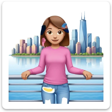 cheerful emoji-style girl with brown hair, pink fitted shirt, and light blue jeans, posing with one arm on a railing, city skyline and water behind her, sunny day sticker