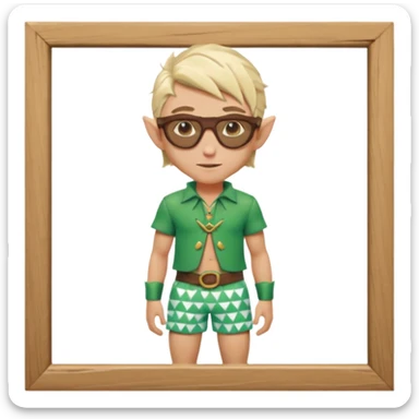 elf male legolas portrait, patterned board shorts (geometric/abstract), unique wooden-framed sunglasses, undercut hairstyle, slight smirk, visible pointy ears, no background, centered emoji, hipster summer vibe sticker