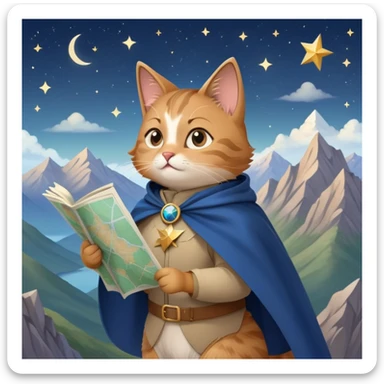 Explorer cat holding a map, mountains and stars in background, wearing light clothes and cape blowing in wind, looking into distance sticker
