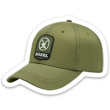 Diesel brand cap in khaki green color, baseball cap style with Diesel logo on front, military green hat sticker