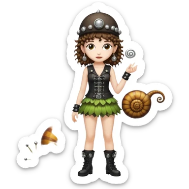 full body woman short curly brown mullet hair brown eyes white skin wearing punk fairy outfit and snail shell hat sticker