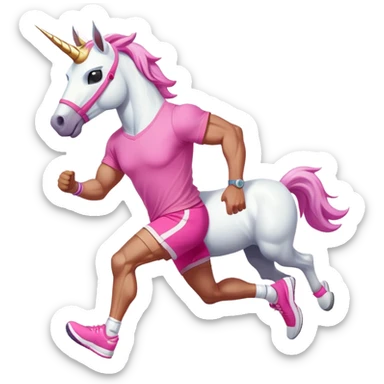 full body friendly anthropomorphised masculine unicorn with white horse-like face, muscular build, wearing pink t-shirt, shorts, trainers, dark sunglasses, running in a relaxed pose sticker