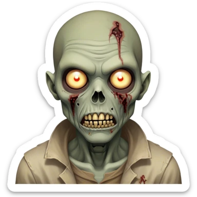 Cinematic Realistic WoW undead friendly zombie Portrait, head tilted epicly and inquisitively, showcasing grim resilience and defiant strength. His withered, pallid skin and intense, glowing eyes contrast starkly with his worn, earth-toned clothes, rendered in meticulous detail. With dynamic, high-contrast lighting and high shine, this portrait exudes an epic aura, capturing the relentless will of a battle-hardened undead friendly zombie. sticker
