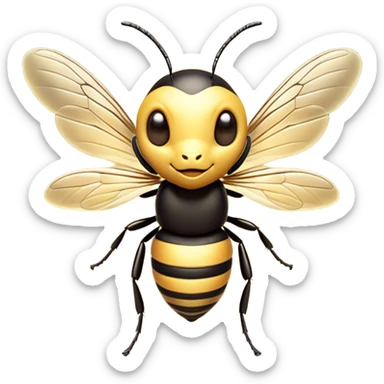 Cinematic Cute Wasp Portrait Emoji, Head tilted playfully and inquisitively, featuring a compact, delicately striped body with softened, endearing eyes and petite, translucent wings, Simplified yet irresistibly adorable features, highly detailed, glowing with a warm, inviting glow, high shine, affectionate and lively, stylized with a touch of whimsical insect charm, soft glowing outline, capturing the essence of a mischievous wasp that seems as if it could buzz out of the screen with a playful wink! sticker