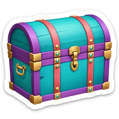 wooden treasure chest filled with coins pack in gradient of turquoise, blue, pink, purple, and coral color and jewels sticker